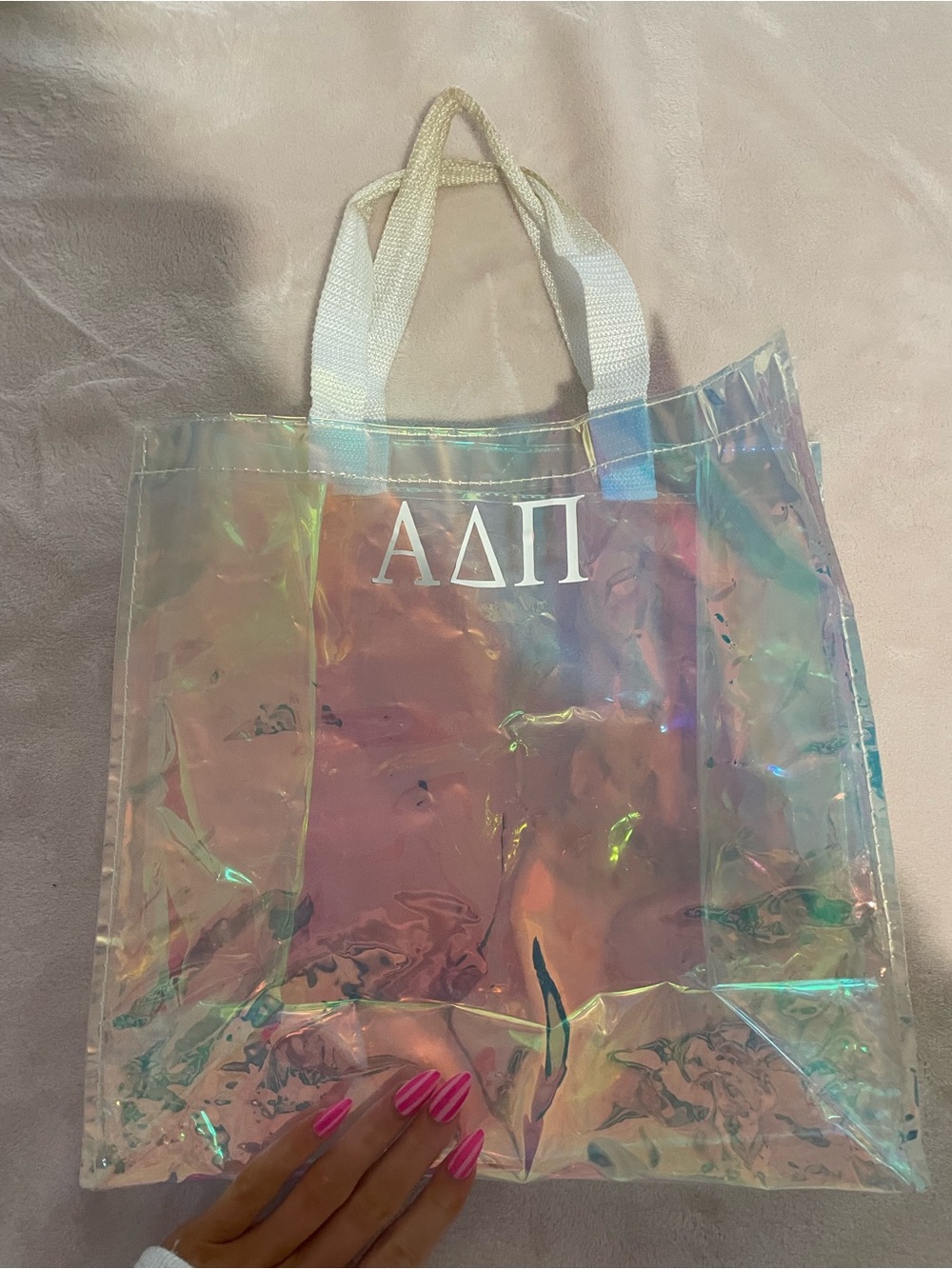 Iridescent Tote Bag with Greek Letters - Clear Holographic Handbag
